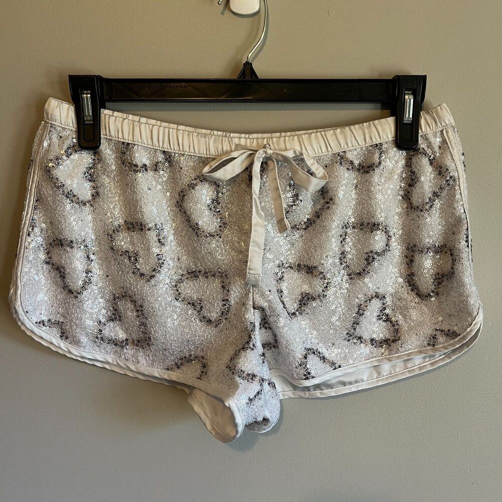 Victoria's Secret White Satin Sequin Heart Pajama Shorts Size M Bling Coquette
